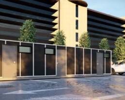 Rendering of one of ROXBOX Containers healthcare shipping container units, used for ICU/exam rooms, vaccine distribution, laboratories, drive-thru covid testing, treatment rooms, and more.
