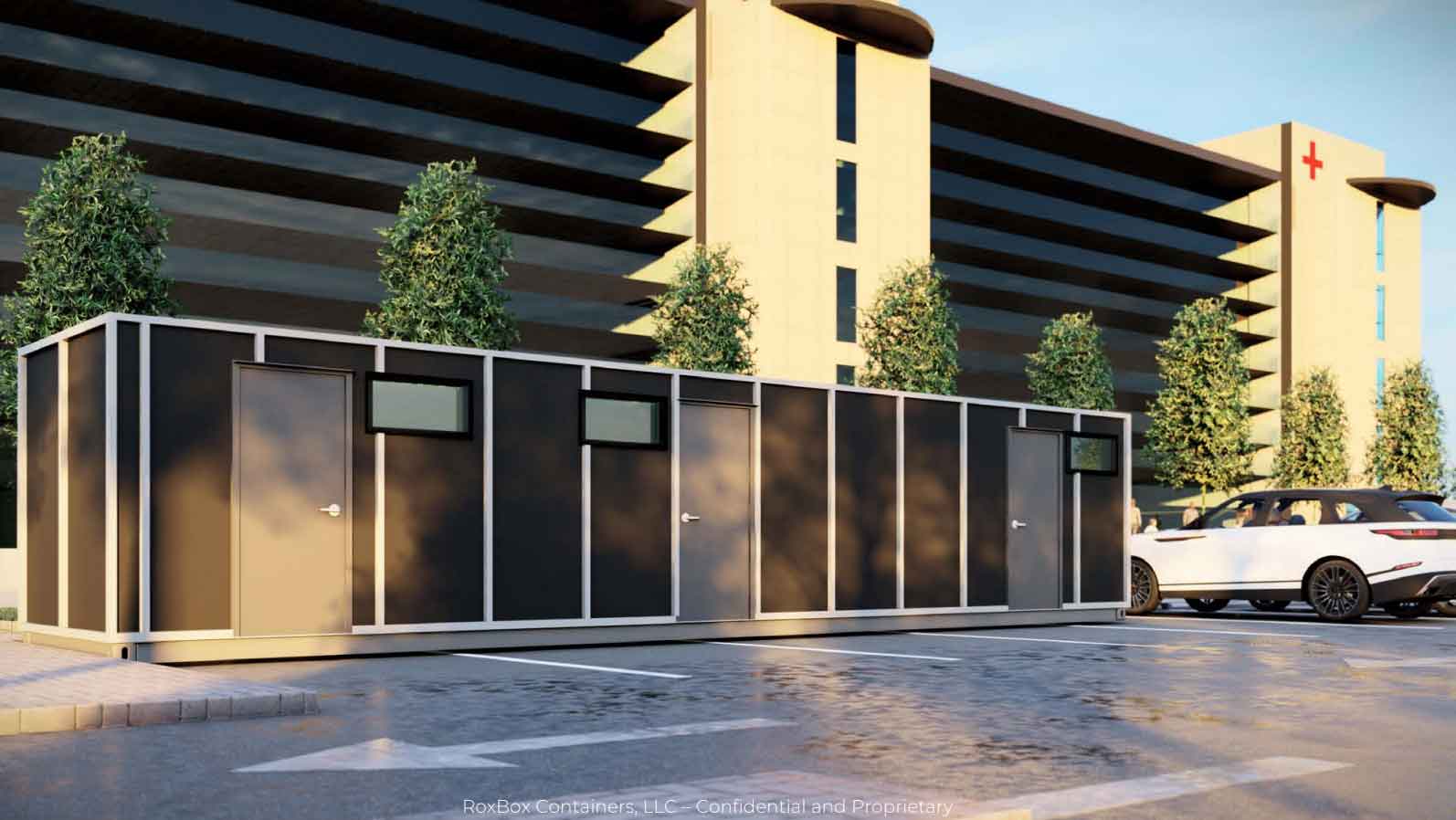 Rendering of one of ROXBOX Containers healthcare shipping container units, used for ICU/exam rooms, vaccine distribution, laboratories, drive-thru covid testing, treatment rooms, and more.