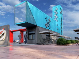 Rendering of one of ROXBOX Containers' Humdinner Quick Service Restaurant (QSR) shipping container concepts.