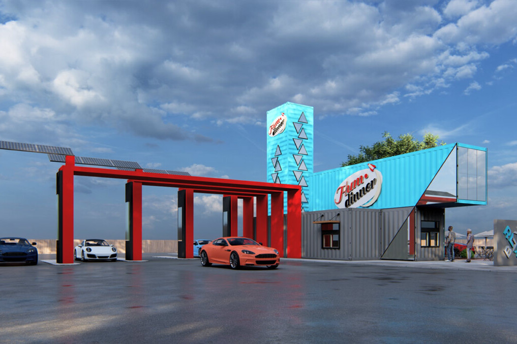 Rendering of one of ROXBOX Containers' Humdinner Quick Service Restaurant (QSR) shipping container concepts.