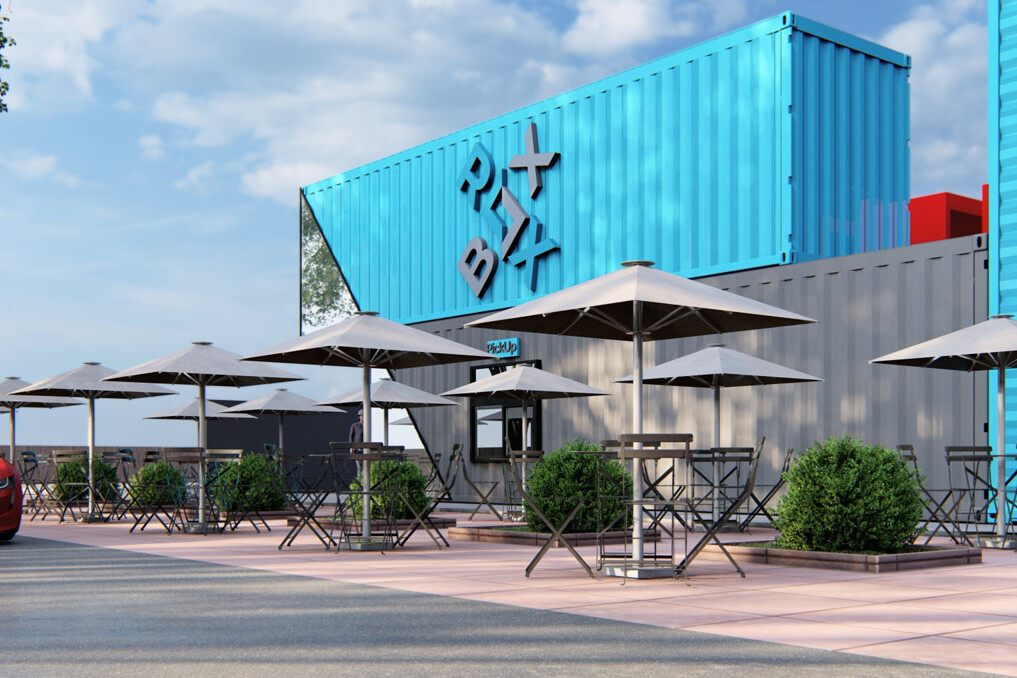 Rendering of one of ROXBOX Containers' Humdinner Quick Service Restaurant (QSR) shipping container concepts.