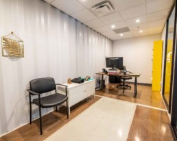 Inside view of a shipping container office in Eldorado Climbing Walls shipping container office space built by ROXBOX Containers.