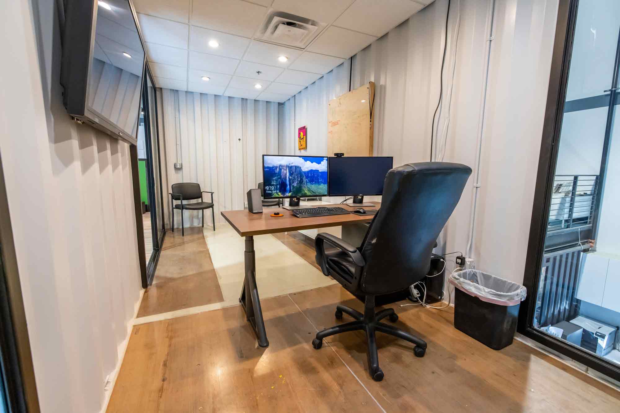 Inside view of a shipping container office in Eldorado Climbing Walls shipping container office space built by ROXBOX Containers.