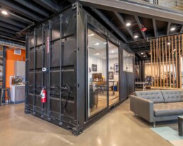View of a shipping container office in Eldorado Climbing Walls shipping container office space built by ROXBOX Containers.