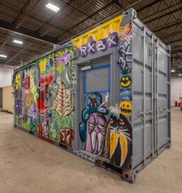 Custom mural on ROXBOX Containers' RxBX ghost dispensary, a cannabis dispensary built out of a shipping container.