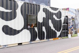The Block Distilling Company custom shipping container patio seating area built by ROXBOX Containers.