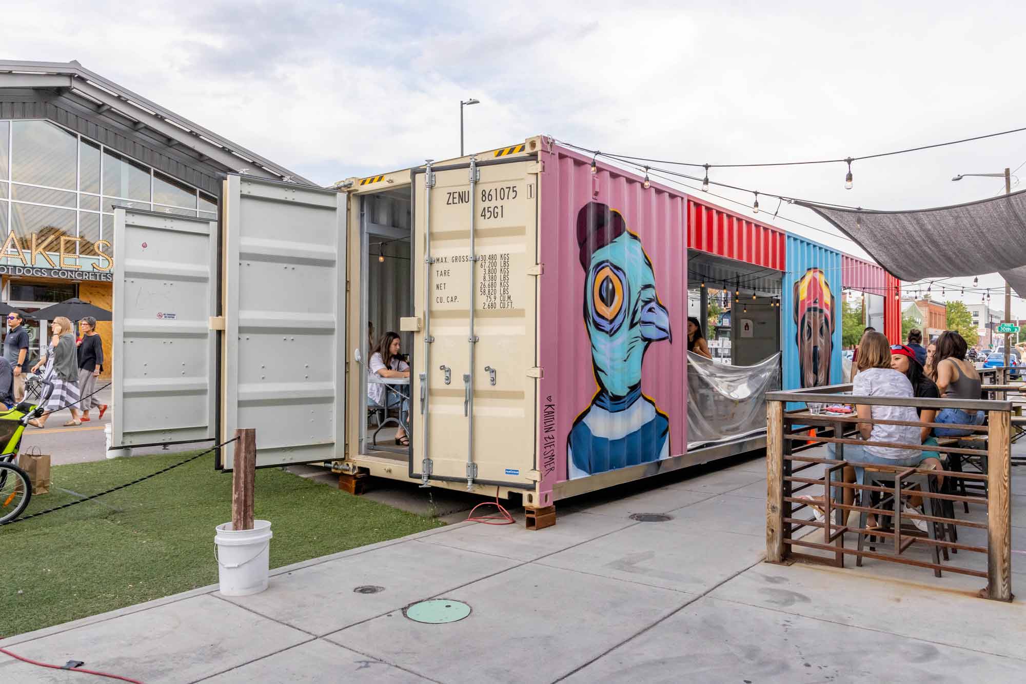 The Block Distilling Company custom shipping container patio seating area built by ROXBOX Containers.