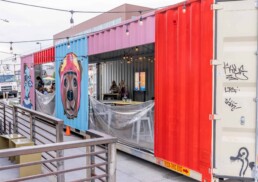 The Block Distilling Company custom shipping container patio seating area built by ROXBOX Containers.