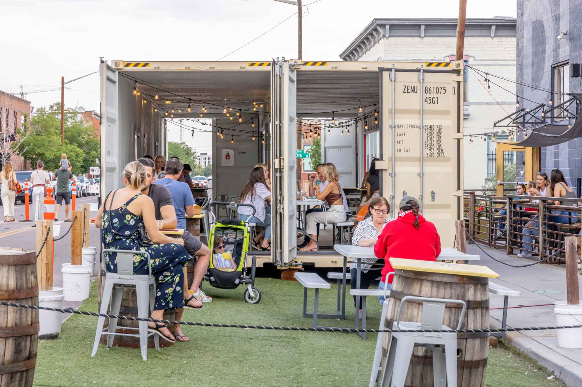 The Block Distilling Company custom shipping container patio seating area built by ROXBOX Containers.