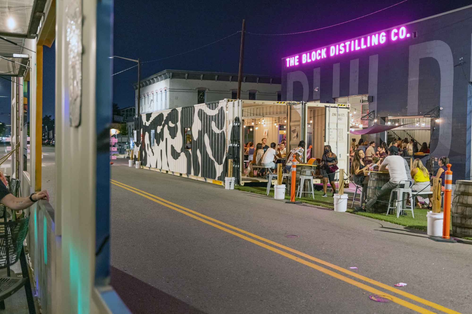 The Block Distilling Company custom shipping container patio seating area built by ROXBOX Containers.