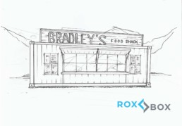 Napkin sketch of Bradley's custom shipping container kitchen at Winter Park Resort built by ROXBOX Containers.