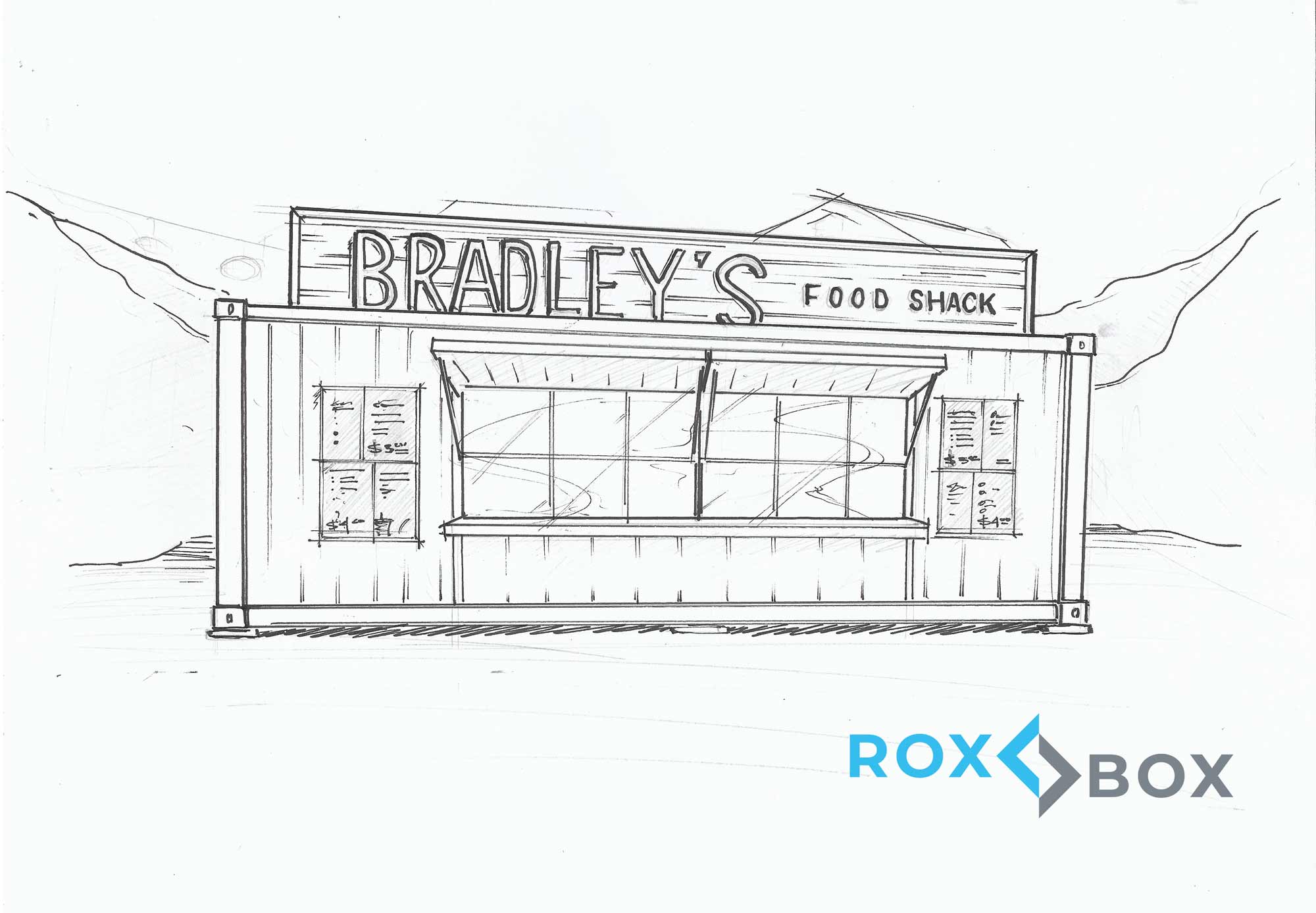 Napkin sketch of Bradley's custom shipping container kitchen at Winter Park Resort built by ROXBOX Containers.