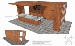 Rendering of Price Development Group's custom shipping container patio bar built by ROXBOX Containers.